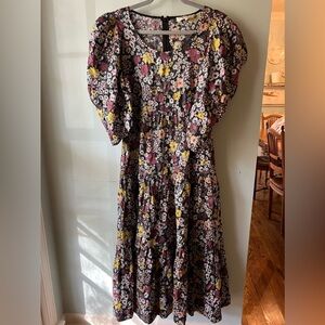 Sea New York Black Floral Dress Puff Sleeveeve Midi Length. Tiered skirt. Small.